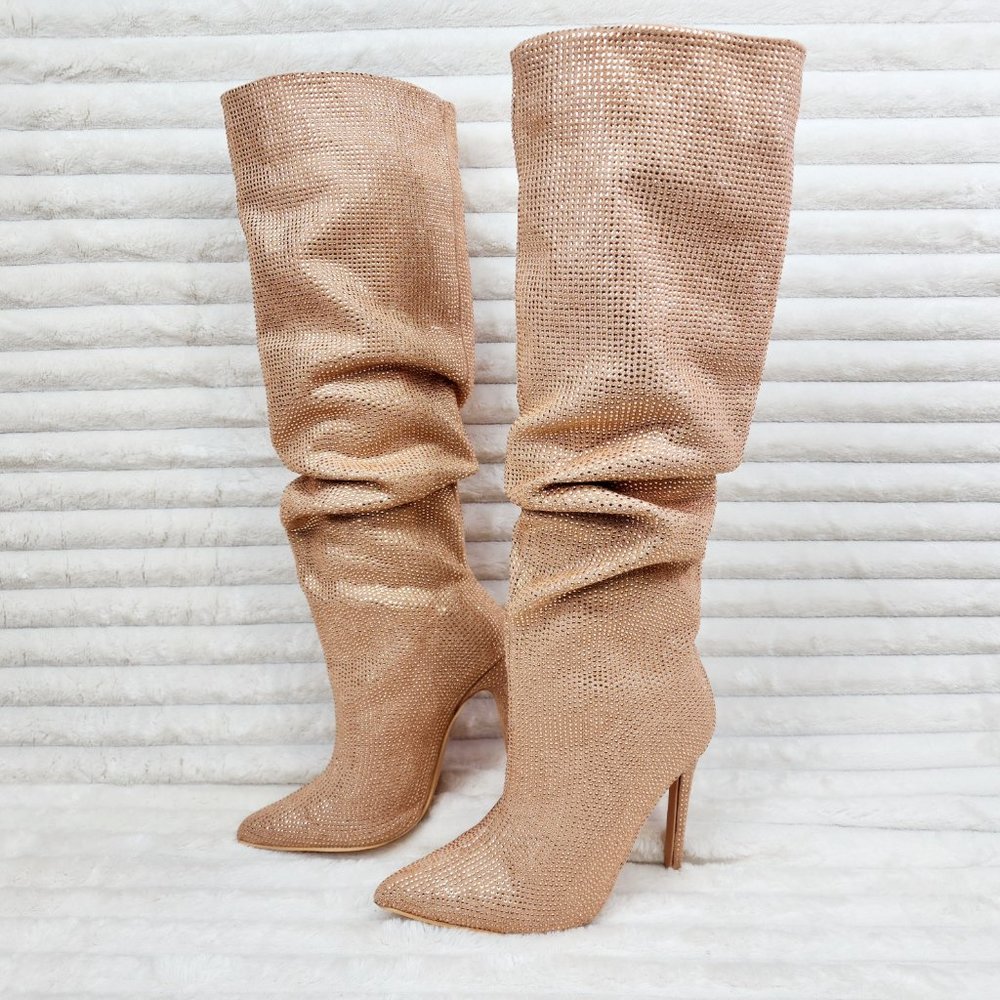 Radiant Beige Rhinestone High Heel Slouch Knee High Boots